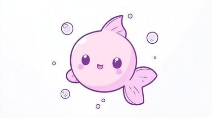 Cute pink fish swimming among bubbles, happy face, adorable, minimal, on white