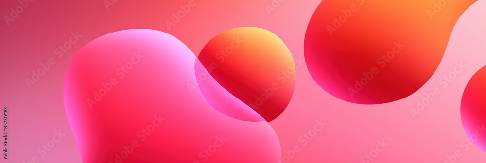 Poster a pink and orange background with three red spheres in the foreground. the spheres are of different 