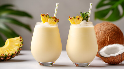 
side view, two pineapple coconut smoothies in elegant glasses with paper straws, served with ice cubes and tropical fruits, bright summer vibes, soft natural light, tropical paradise mood

