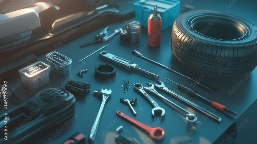Poster assortment of tools and tire arranged on a table surface