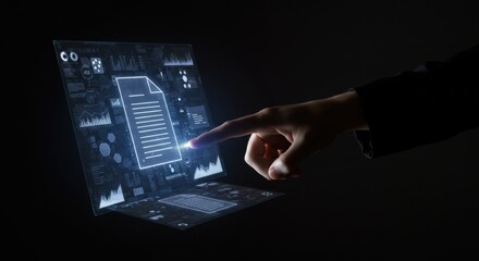 Document management system with holographic screen in high tech interface for data processing, information analysis, content control, digital storage, paperless workflow, futuristic technology