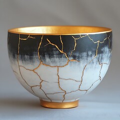 Kintsugi Bowl Black And White Glaze Golden Seams High Resolution Photo