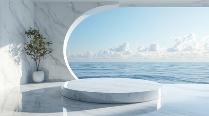 White marble podium with a scenic sea view. -