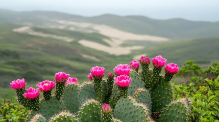 Obraz premium Stunning Pink Cactus Blossoms Against a Desert Landscape