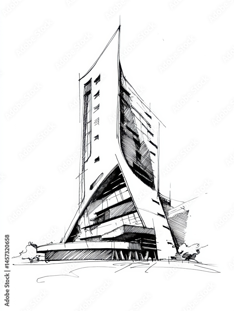 Poster futuristic building architectural sketch featuring stylized ink lines in a modern design generative 