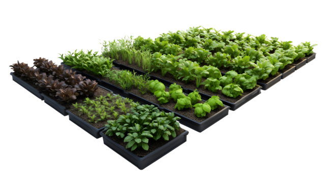 vegetable seedlings in trays arranged for commercial agriculture isolated png transparent cutout