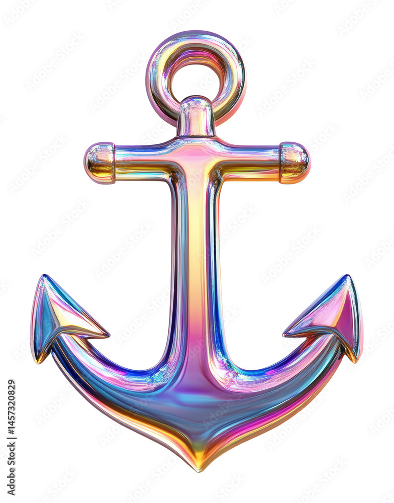 Poster iridescent metallic anchor with vibrant colors on a transparent background, 3d rendering