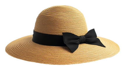 Elegant straw hat with black ribbon and bow isolated on transparent background