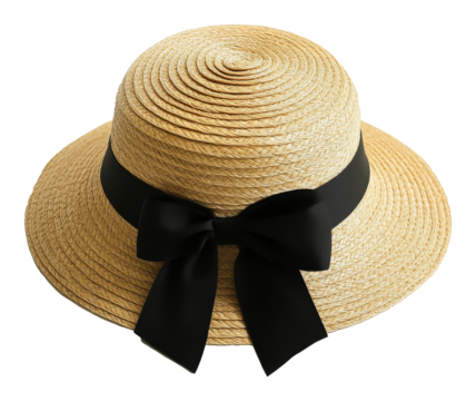 Straw hat with large black ribbon and bow on transparent background, isolated item