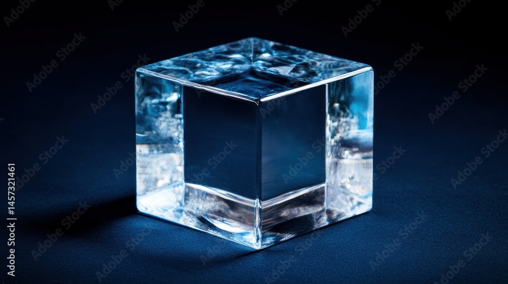 Poster a transparent and refractive cube shape sits on a dark surface