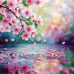 beautiful colorful Japanese spring's flowers, cherry blossoms, beautiful water ripples in the puddle, in the mountains, in the beautiful forest, leaves, nature, beautiful rain drops, beautiful fog, o