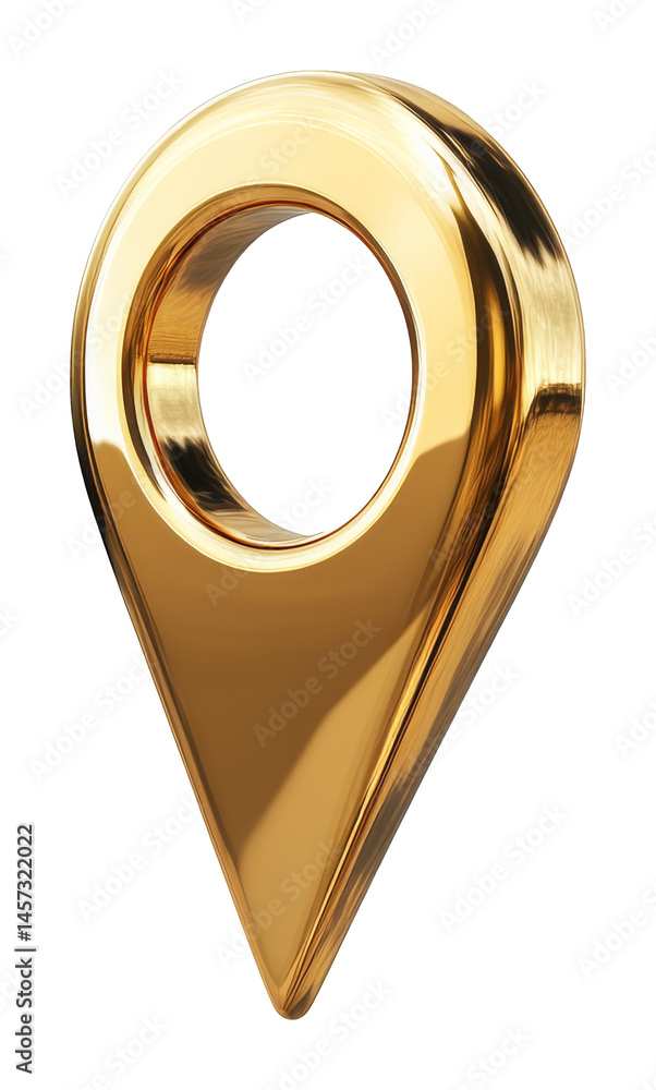 Poster golden navigation pin symbol with polished surface on transparent background