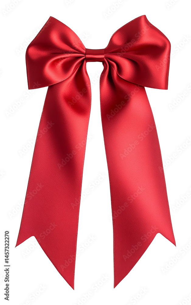 Poster red satin bow with symmetrical loops and tails on transparent background