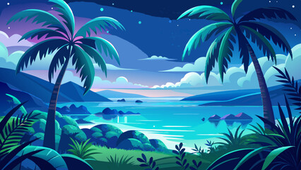 Fototapeta premium Beneath the palm, the ocean glimmers in brilliant blues—from deep sapphire to sparkling turquoise. The contrast between the lush green leaves and the endless sea creates a perfect harmony. It’s a port