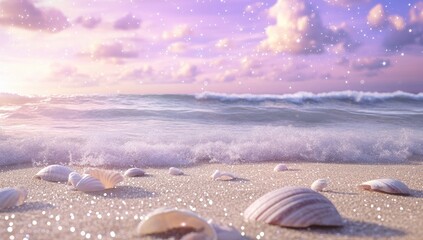 Seashore serenity at dawn.  Soft, pastel hues of sunrise paint the ocean.  Seashells lie on the sparkling sand
