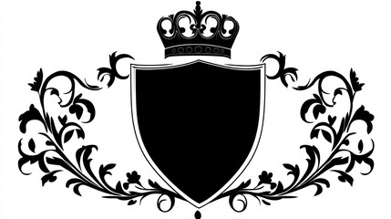 Black shield emblem with decorative flourishes and a crown on a white background