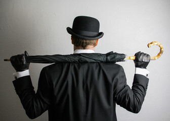 British Gentleman in Dark Suit and Bowler Hat Holding Umbrella Over Shoulders in Cool Action Star Pose