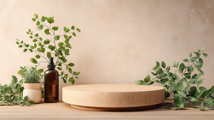 Wooden Podium Surrounded by Green Plants on Beige Background