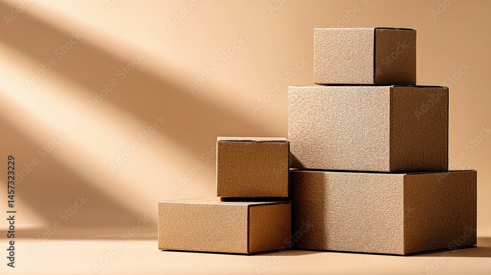 Poster neatly stacked brown cardboard boxes casting soft shadows on surface