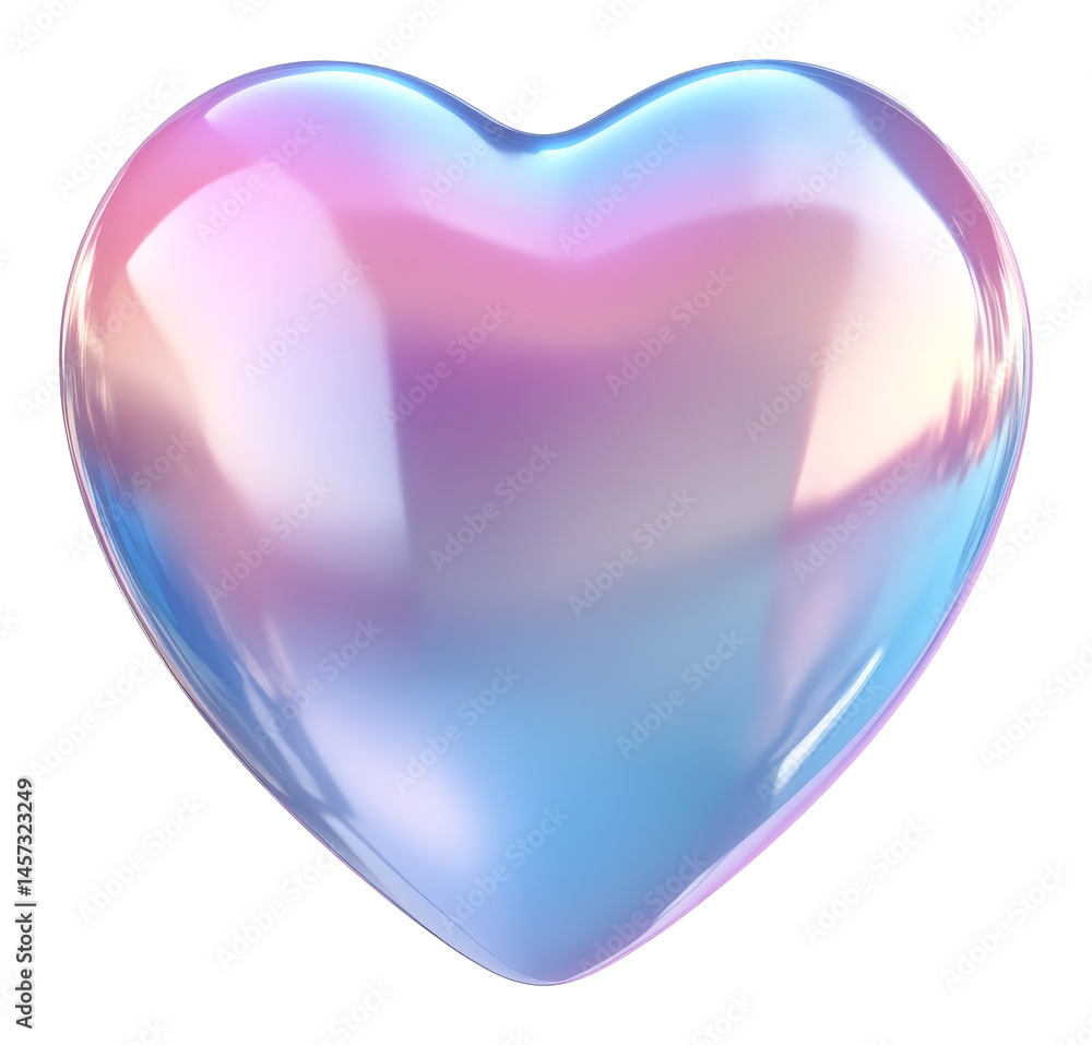 Poster iridescent pastel heart with glossy texture on a transparent background, 3d rendering of a shiny lov