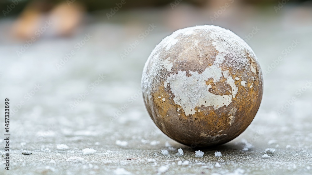 Poster a weathered sphere covered with a layer of frosted snow particles