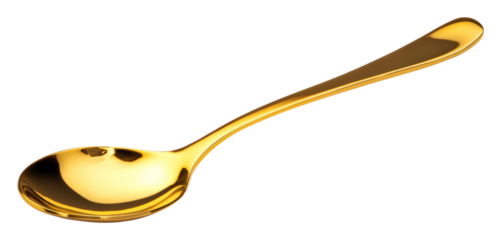 Elegant golden spoon with shiny reflection on transparent background