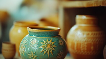 Several handcrafted ceramic vases arranged on a wooden shelf display