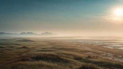 Calm Coastal Landscape of Sandwich Bay in Morning Fog