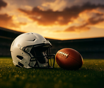 White American football helmet and ball on grass field at sunset. Sports equipment in warm golden light, stadium background