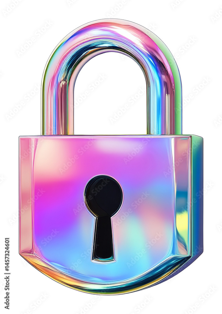 Poster colorful iridescent padlock with shiny surface and keyhole on a transparent background, digital artw