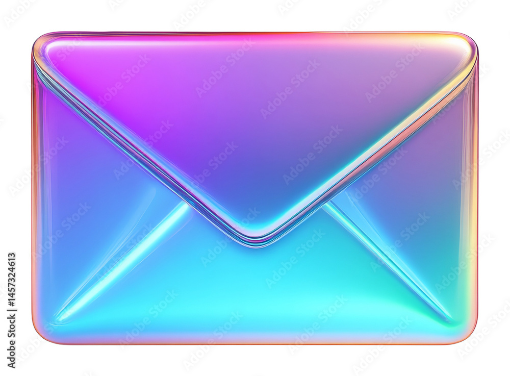 Poster colorful neon gradient envelope with glossy finish and iridescent glow on a transparent background