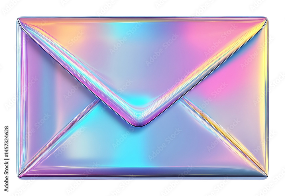 Poster iridescent holographic envelope with colorful reflective surface in 3d rendering