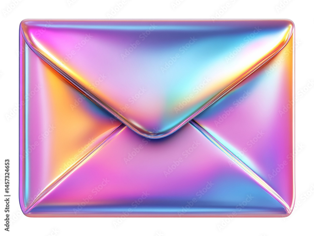 Poster holographic iridescent envelope with colorful gradient hues on a transparent background, 3d render c