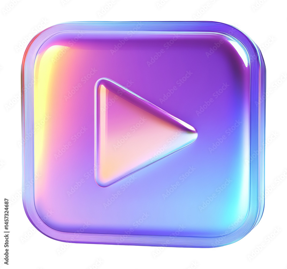 Poster glossy 3d play button with iridescent gradient colors on a transparent background
