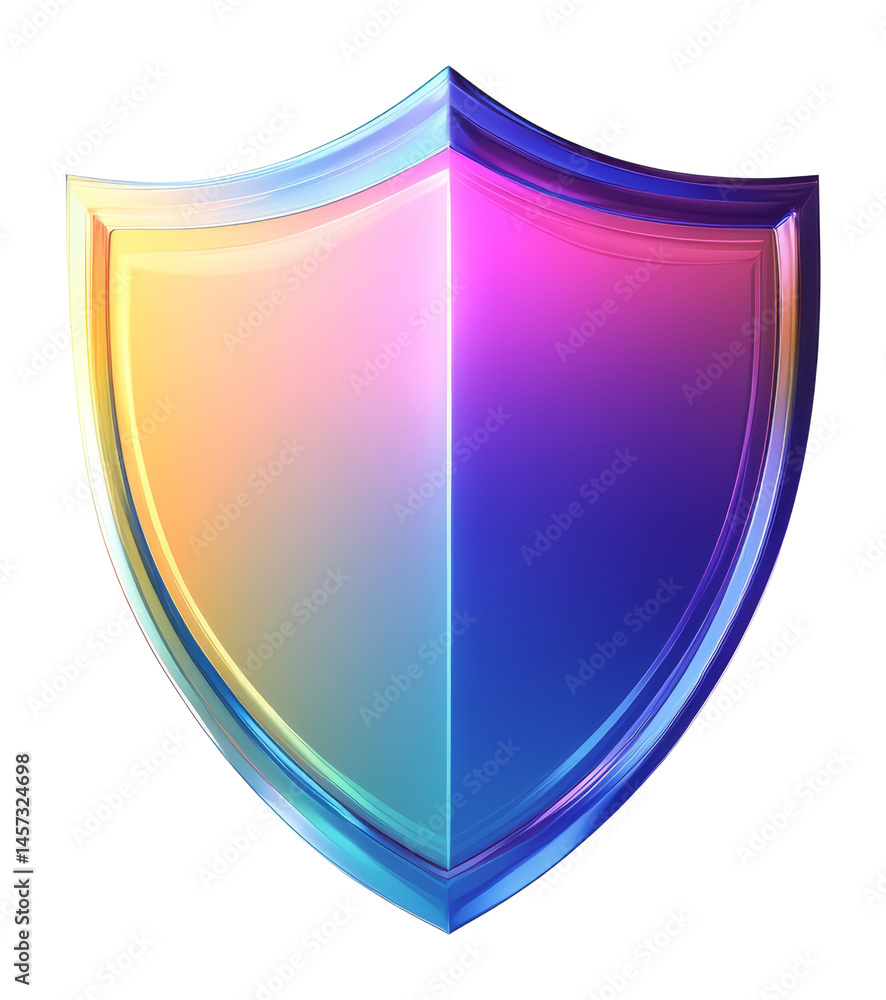 Poster iridescent shield with glowing gradient colors on transparent background