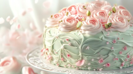 Fototapeta premium Beautifully decorated floral cake with pastel colors. 3D soft pop style.