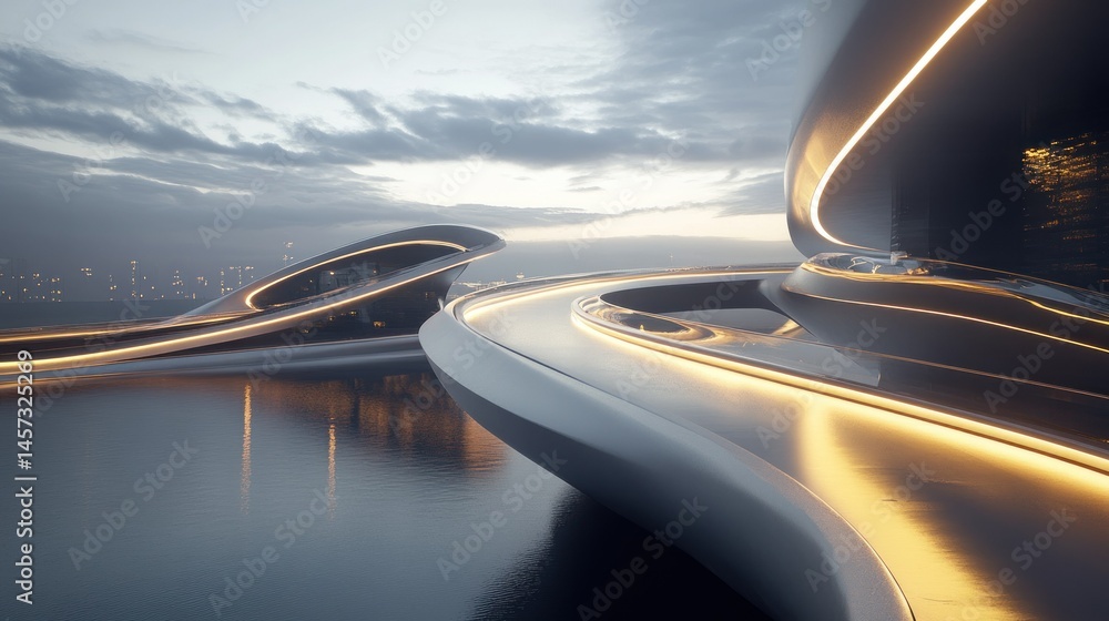 Poster futuristic architecture with illuminated structures over reflective waters