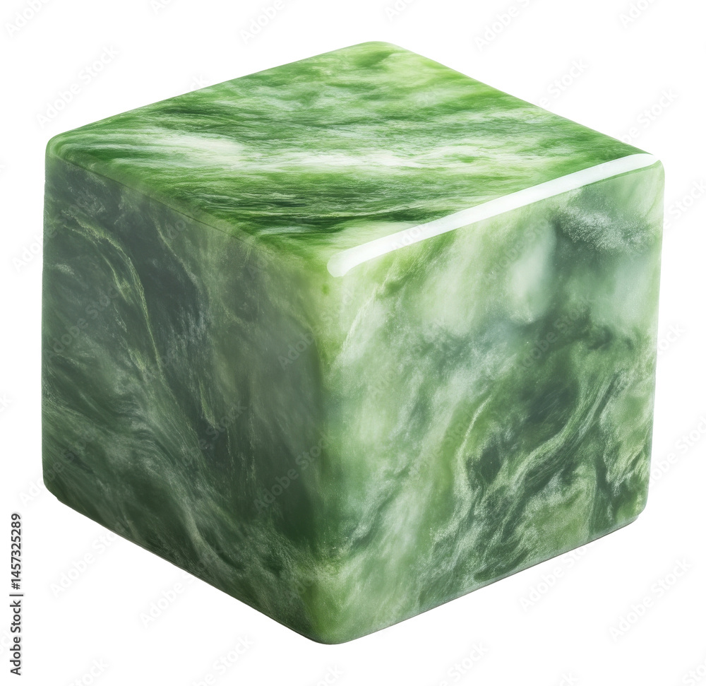 Poster green jade cube with glossy texture displaying natural marble patterns on a transparent background