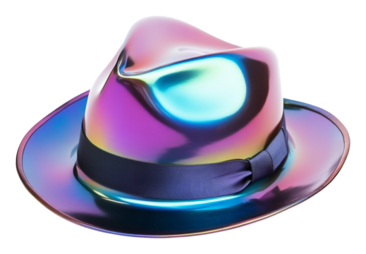 Holographic fedora with iridescent colors and black band on transparent background