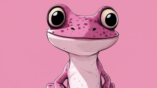 Cartoon Style Pink Frog Portrait Isolated Against a Solid Pink Background