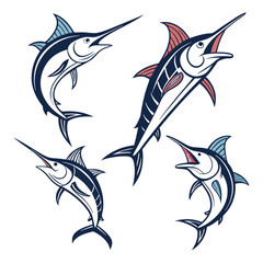 Collection of Four Stylized Marlin Fish Illustrations Isolated on White Background