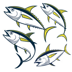 Collection of Four Yellowfin Tuna Illustrations in Dynamic Poses