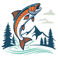 Jumping Trout Fish in Mountain River Landscape Illustration