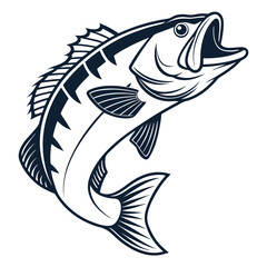Stylized Black and White Illustration of a Largemouth Bass Fish Jumping