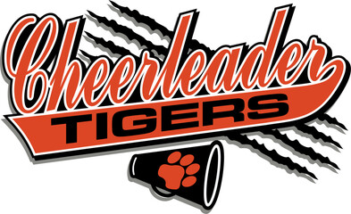 cheerleader team design in script with tigers, tail and megaphone for school, college or league sports