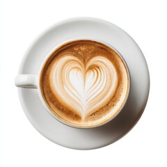 Top-view of cappuccino with heart-shaped latte art in a white cup, Top view latte art coffee with heart shape isolated on white background, White cup of hot espresso adorned with romantic latte art