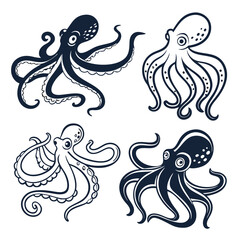 Collection of Four Stylized Octopus Illustrations in Monochrome