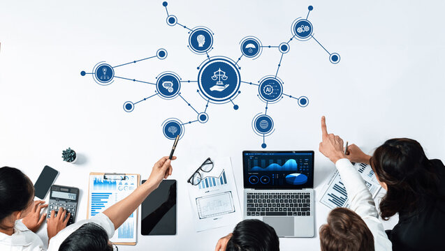 A team of professionals collaborates in a modern workspace, analyzing ethical decision-making processes, illustrated with legal icons and data analytics visuals for effective strategies. Amity