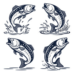 Four Jumping Fish Illustrations in Vintage Style Perfect for Fishing Logos Branding and Apparel Designs