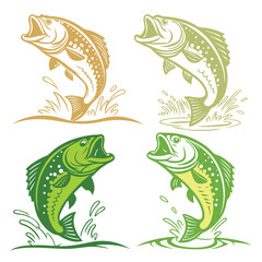 Four Largemouth Bass Jumping Out of Water Vintage Style Illustrations